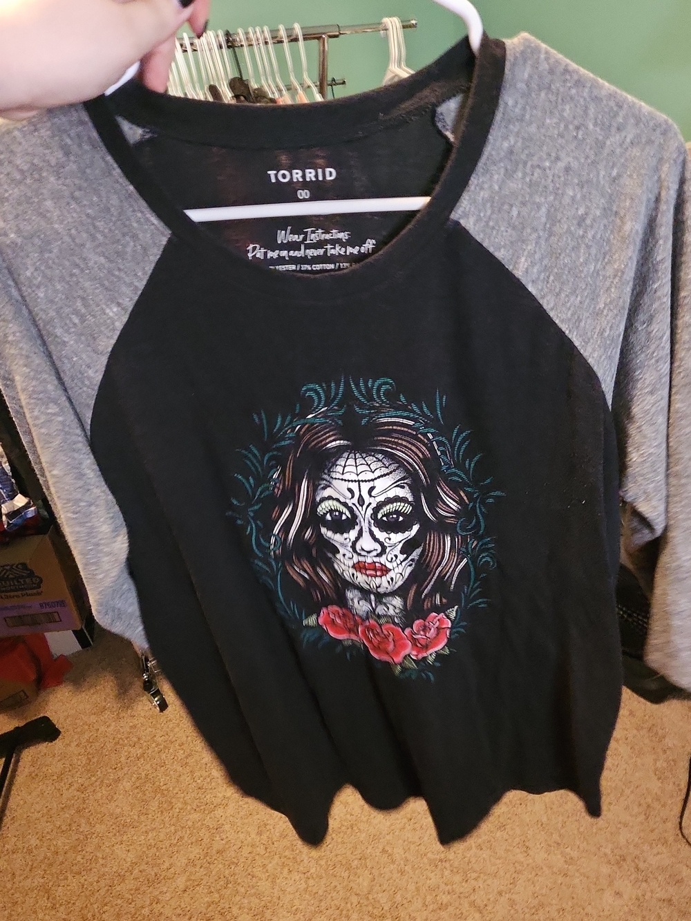 torrid Black and Gray Raglan Long Sleeve Tee with Sugar Skull Floral Art